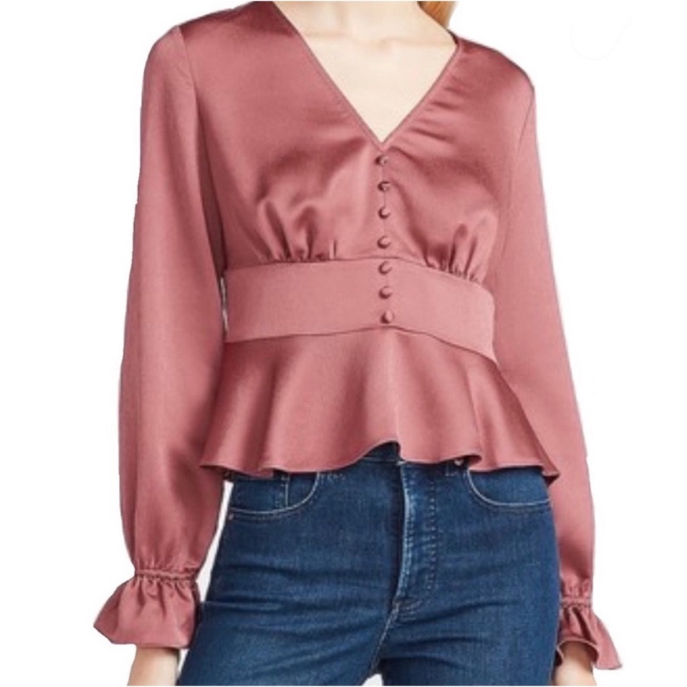NWOT Express Satin Button Front V-Neck Peplum Blouse Mauve